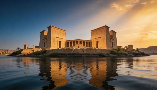 Glowing philae temple at sunset reflecting on nile with twin pylons and colonnade