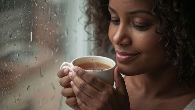 Cozy rainy morning: woman holding ceramic mug by window savoring warm coffee moment