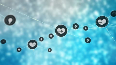 Interconnected Digital Icons on Abstract Blue Background