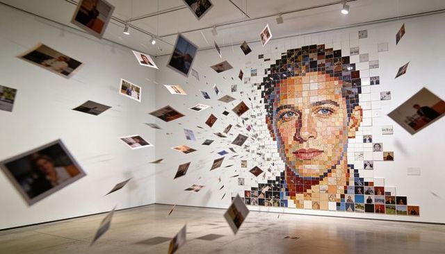 Suspended mosaic portrait, exploding prints, contemporary gallery installation, tessellated face