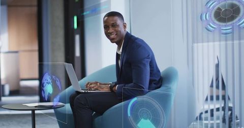 Businessman Utilizing Holographic Technology in Modern Office