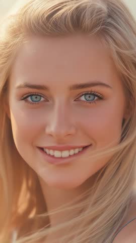 Smiling woman posing during golden hour vertical headshot closeup with windblown hair