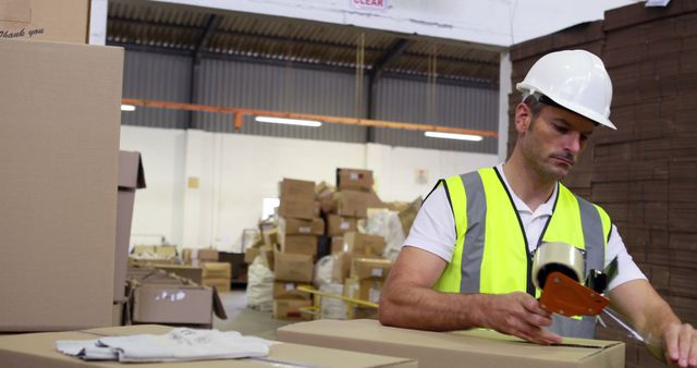 Man in hi-vis vest and hard hat taping a cardboard box in a large warehouse. Can be used in materials related to shipping, logistics, industrial work, inventory management, safety procedures, or warehouse operations.