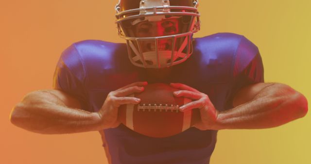Football player wearing helmet holding football in intense action pose with colorful background. Useful for sports advertisements, fitness promotions, team spirit visualizations, and athletic-focused marketing.