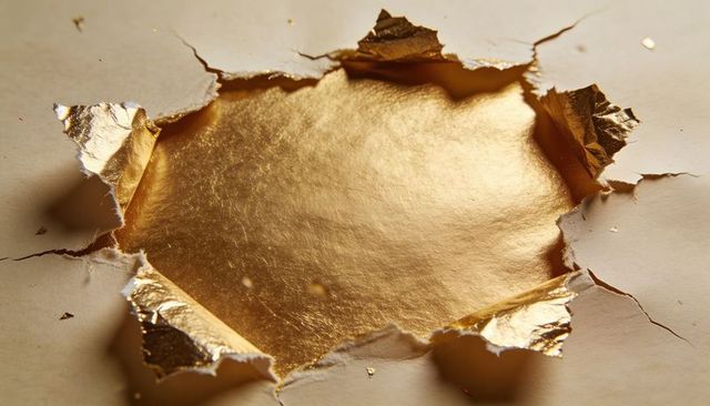 Revealing torn beige paper exposing metallic gold leaf with curled fibers and rich texture
