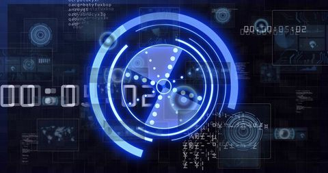 Spinning holographic rotor HUD with neon circular interface and digital cyber data overlay