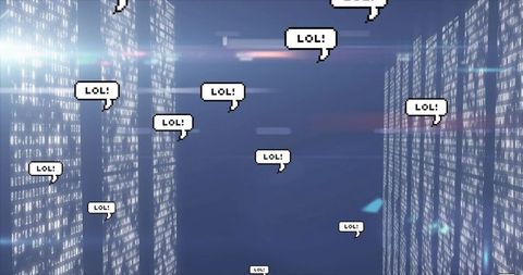 Floating LOL Speech Bubbles Through Neon Binary Data Aisles With Lens Flare