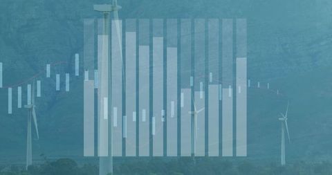 Wind turbines in mountain valley with financial overlay