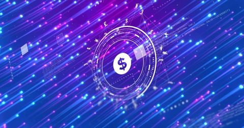 Pulsing Fintech HUD Dollar Icon, Neon Data Streams, Currency Symbols and 3D Network Viz