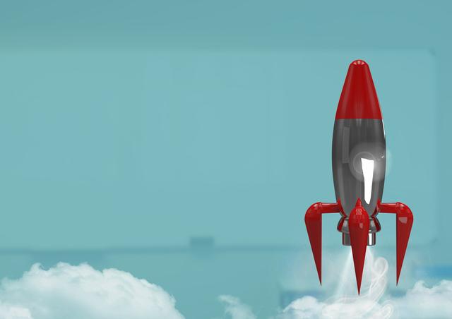 Digital composite of 3D Rocket flying against blue background