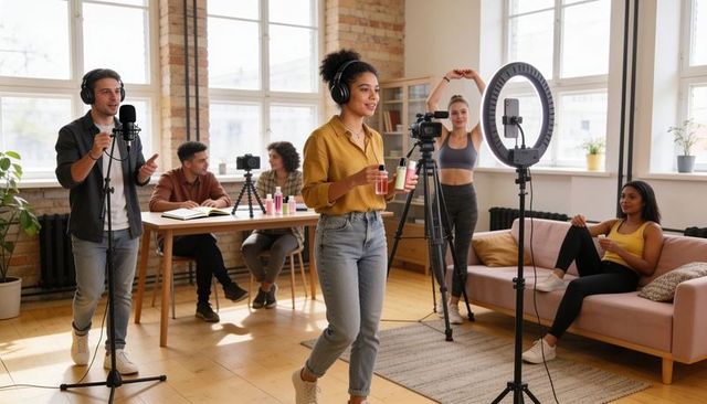 African creator presenting skincare line in bright loft studio with ring light and crew