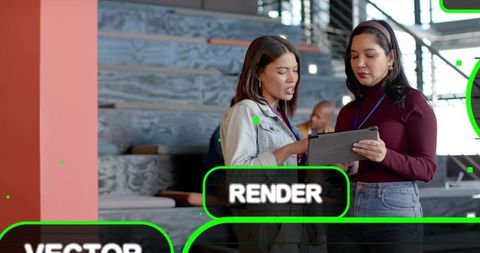 Two women discussing tablet in modern coworking atrium with neon green render overlay
