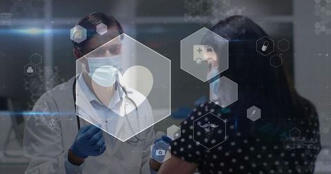 Healthcare Professional Using Advanced Technology Icons for Patient Interaction