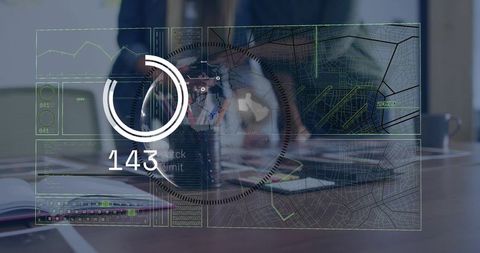 Two Businesswomen Collaborating with Augmented Reality Data Dashboard in Boardroom