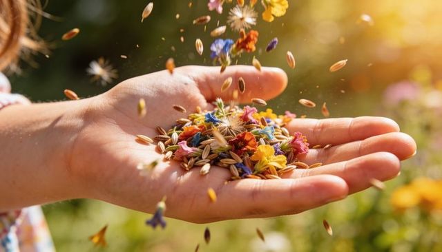Holding open hand scattering colorful wildflower seeds and petals in sunlit garden