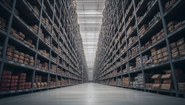 Endless warehouse aisle with high-bay pallet racking and stacked cardboard boxes