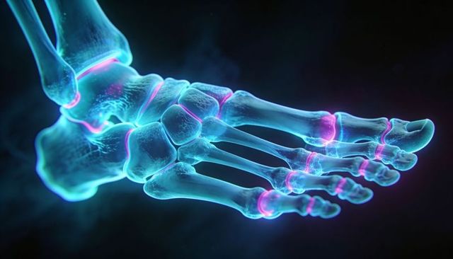 Neon-highlighted Right Foot Skeleton Showing Glowing Joints for Anatomy Education