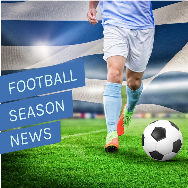 Square image of football season news over midsection of caucasian male player and flag of greece. Football, league, sport and spot news concept.