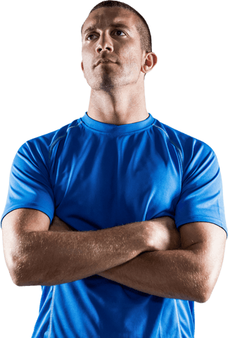 Transparent Confident Rugby Player with Arms Crossed in Blue Shirt