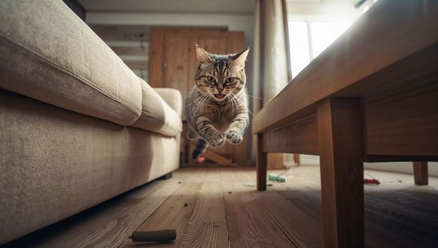 Brown tabby cat leaping between sofa and coffee table on sunlit hardwood floor