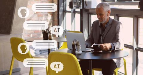 Businessman Engaged in AI-Driven Communication Over Coffee