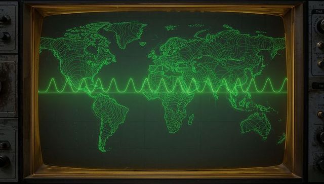 Vintage crt monitor displaying illuminated world map with waveform