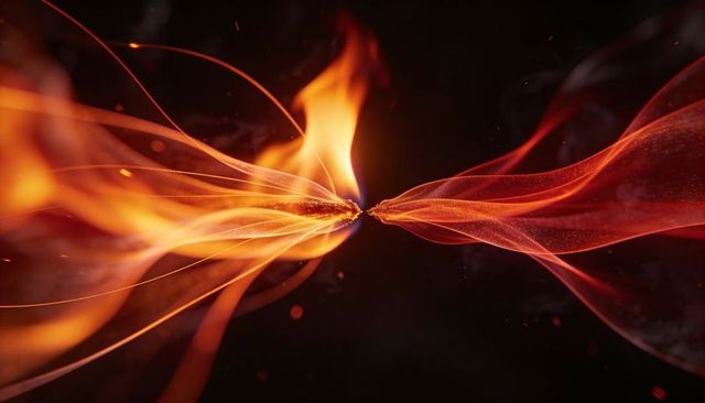 Converging fiery ribbons creating central spark and embers in dark cinematic abstract motion