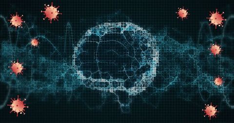 Futuristic Neural Network and Virus Icon Digital Display