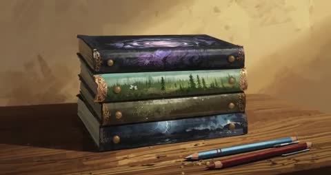 Four stylized books with artistic covers, depicting cosmic, forest, floral, and stormy themes, resting on a wooden desk. This setting features scattered pencils, implying creativity. Ideal for online education, fantasy-themed content, desktop wallpapers, and illustrating creative workspaces.