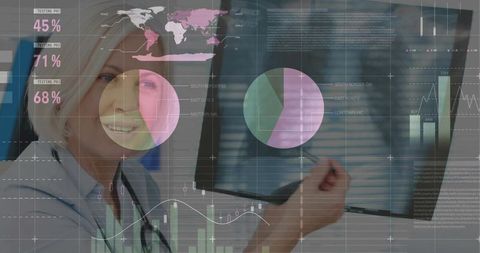 Medical Team Reading Diagnostic Scans with Analytics Overlay and Radiology Charts