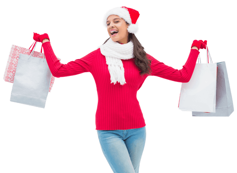 Cheerful Woman in Santa Hat Holding Holiday Shopping Bags Transparent Background