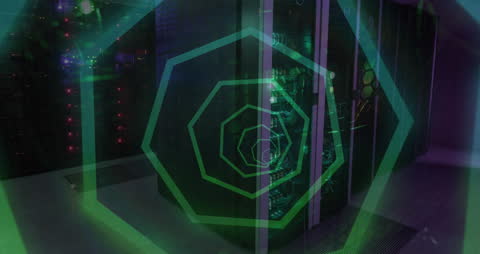 Digital Interface Animation with Hexagon Over a Server Room