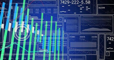 Displaying futuristic data dashboard with interactive charts, gauges and analytics panels