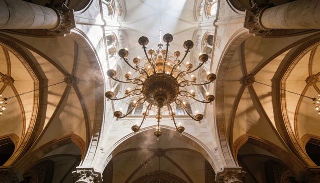 Gilded chandelier illuminating vaulted cathedral nave with ornate arches and marble columns