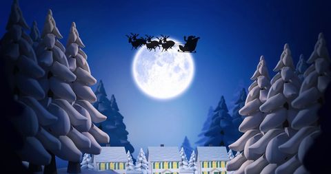 Santa's Sleigh Silhouette Against Full Moon in Winter Wonderland - Download Free Stock Images Pikwizard.com