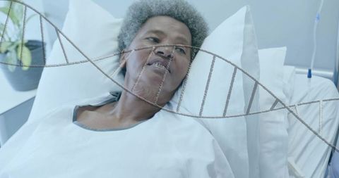 Elderly woman lying in hospital bed receiving oxygen therapy with dna strand overlay