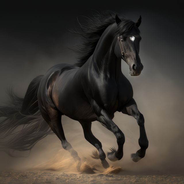 Captures the raw power and beauty of a majestic black horse galloping on a dusty field. Perfect for use in animal, nature, and equestrian projects. Ideal for illustrating themes of strength, freedom, and wilderness.