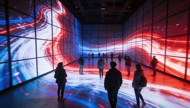 Immersive LED Corridor with Red and Blue Light Waves, Silhouetted Visitors Exploring