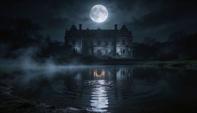 Moonlit gothic manor reflecting on misty lake with full moon and rippling water at night