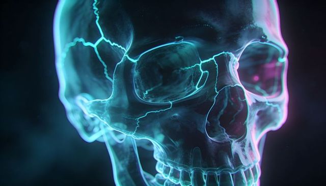 Floating transparent glass skull glowing neon cyan and magenta with anatomical fissures 3d render