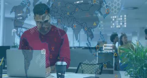 Man Typing on Laptop with Futuristic Tech Data Overlay in Office