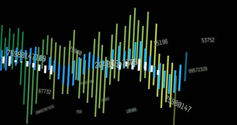 Neon Data Waveform with Vertical Bars and Floating Numeric Labels, Gradient Depth Effect