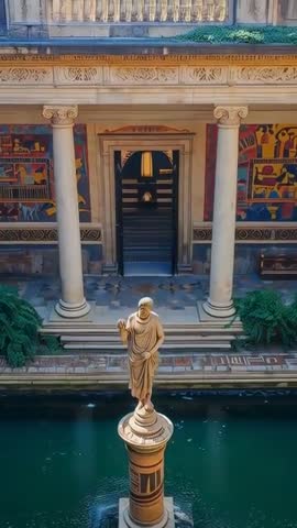 Vertical video revealing robed statue on reflecting pool with classical colonnade and vibrant murals
