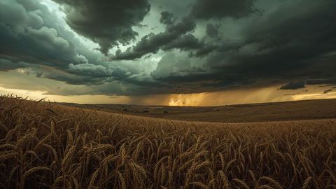 Moody Wheat Field Before Storm with Dramatic Skies