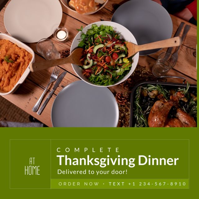 Composition of thanksgiving dinner text over dishes on table. Thanksgiving day and celebration concept digitally generated image.