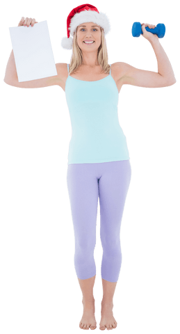 Sporty woman holding dumbbell and santa hat christmas exercise