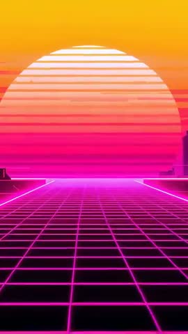 Vertical Retrofuturistic Neon Grid Video Zooming Magenta Tiles Toward Banded Sun Horizon