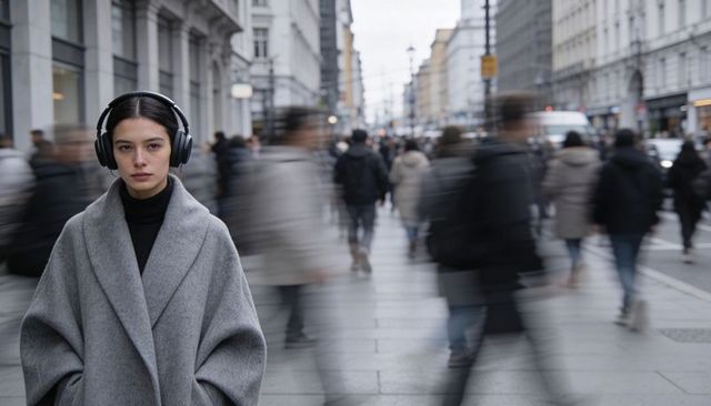 Solitary woman wearing headphones standing on busy urban street with blurred commuters
