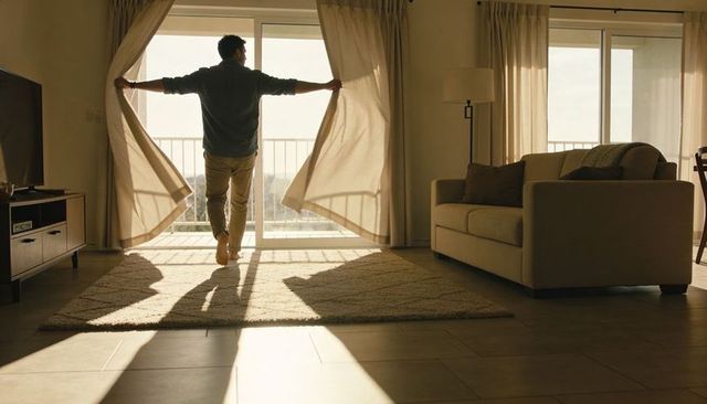 Man pulling curtains revealing sunlit balcony silhouette in cozy minimalist living room