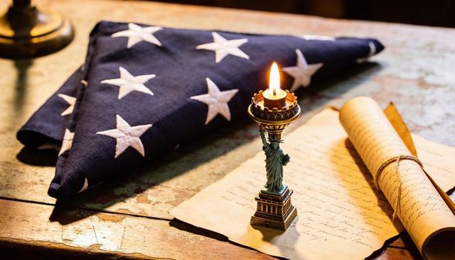 Folded american flag with burning torch candle and rolled parchment on worn wooden table